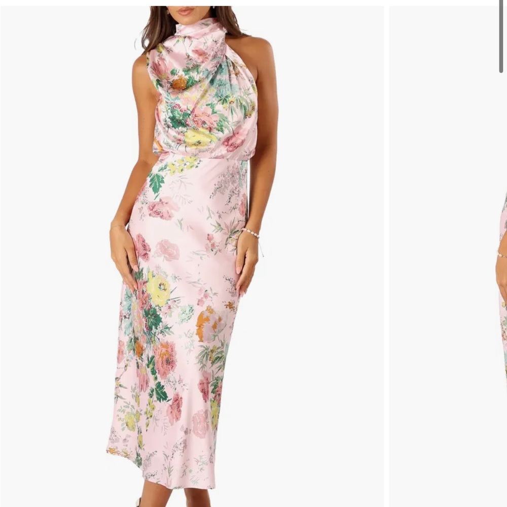 Petal & Pup Anabelle Floral Mock Neck Silk Dress in Pink